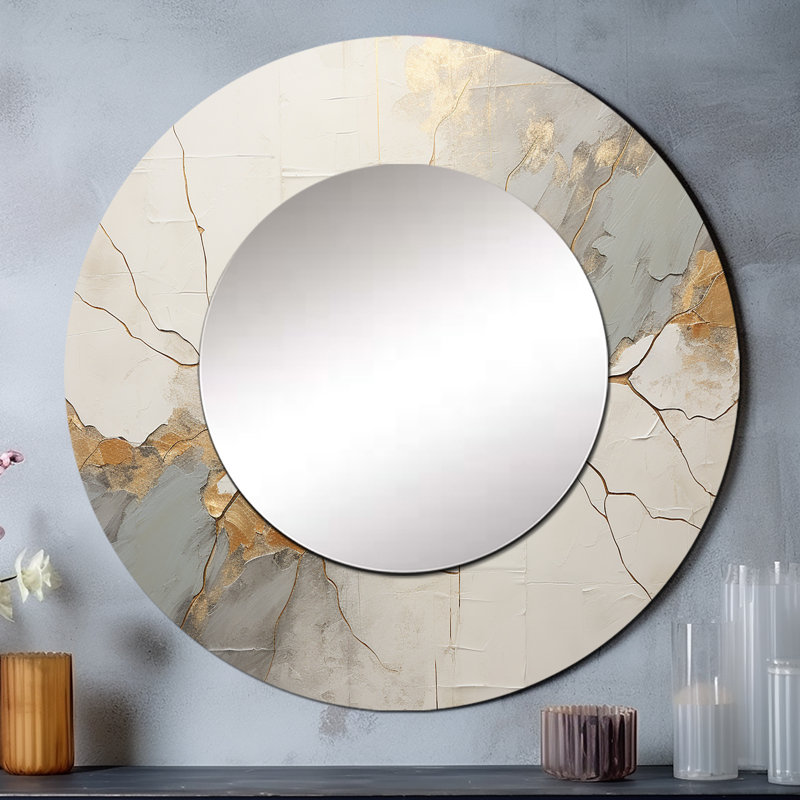 Beige doré minimalisme Poteries I - miroir mural spirales abstraites, miroir décoratif rond moderne, impression d'art en métal