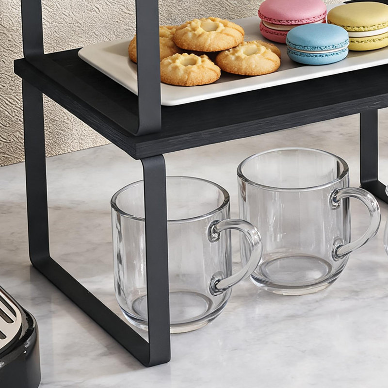 Black Wood Grain Double-Layer Metal Shelf, Stackable And Adjustable, For Storing Condiments And Tableware On The Kitchen Countertop.