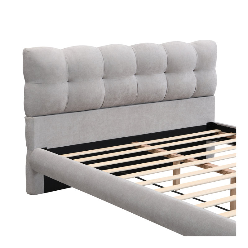 Structure de lit double tapissier pleine grandeur avec tête de lit en forme de biscuit, facile à assembler, doux et confortable, gris