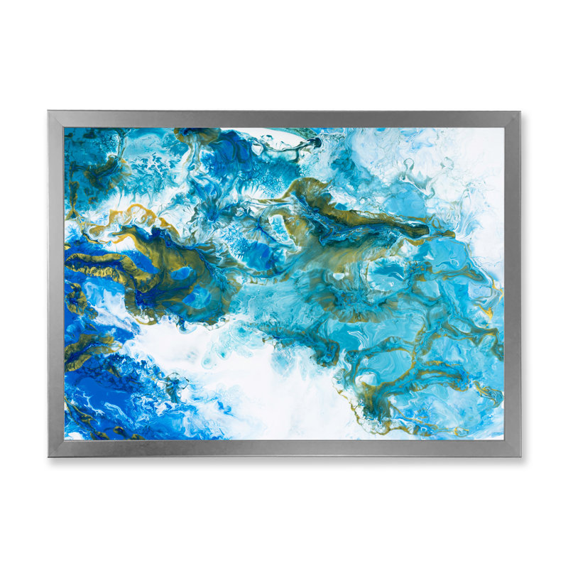 Bleu et blanc, vagues liquides VI - peinture sur toile, H 24 po x l 32 po, Cadre de coin argenté fermé