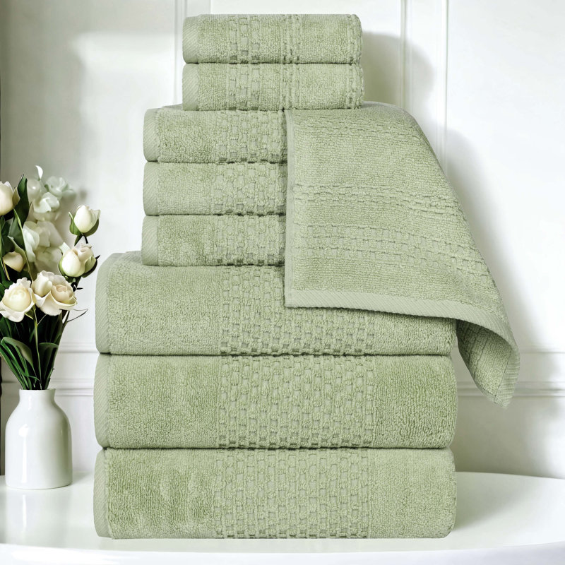 Playa Zero Twist Cotton Medium Weight Solid Waffle Textured Towel Set, 9 Piece Towel Set, Green