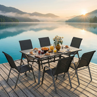 Ensemble de salle à manger d'extérieur 7 pièces avec table rectangulaire en métal à grain de bois et 6 chaises ergonomiques, conception imperméable et antirouille