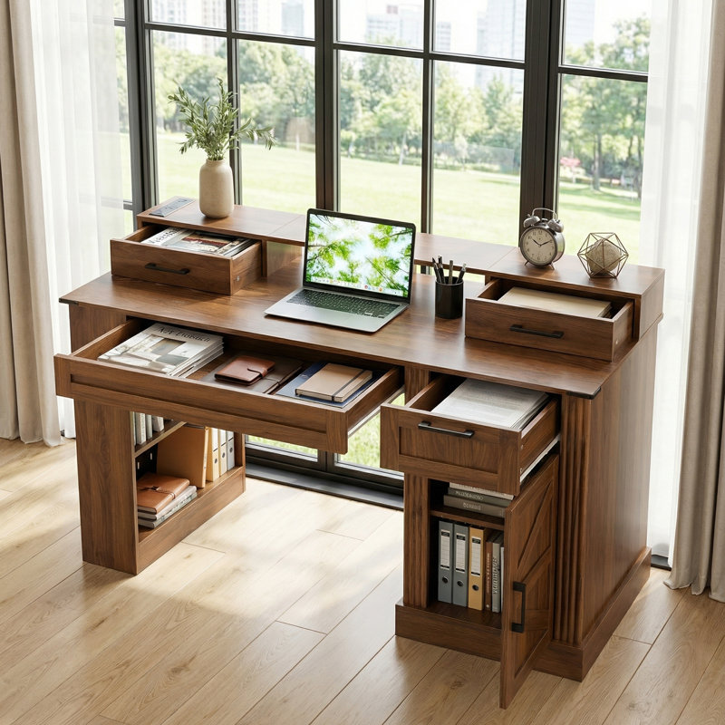 Farmhouse Office Desk With Storage Cabinet, Charging Station, Barn Door Design, Keyboard Tray, Monitor Stand And Pegboard