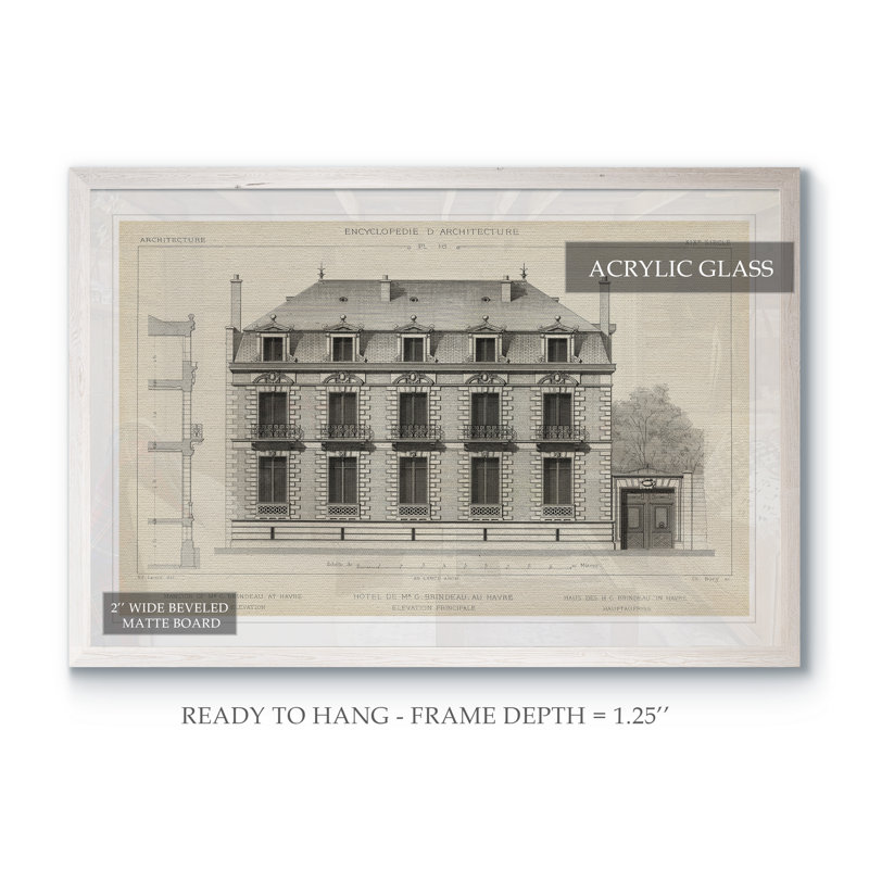 «French Facade II» - reproduction de peinture encadrée, H 32 po x l 44 po x P 1,3 po, Imprimé encadré blanc