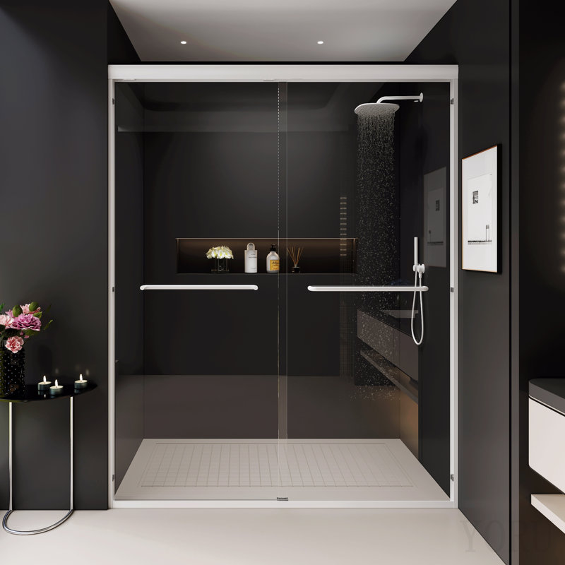 Porte de douche coulissante double 56 "- l 60" x H 72 ", porte de salle de bain coulissante semi-sans cadre avec verre trempé 1/4" (6mm) pour douche à l'italienne, blanc