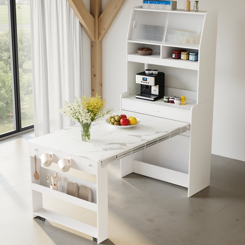Multifunctional Storage Cabinet Buffet Hutch with Foldable Dining Table for Small Spaces