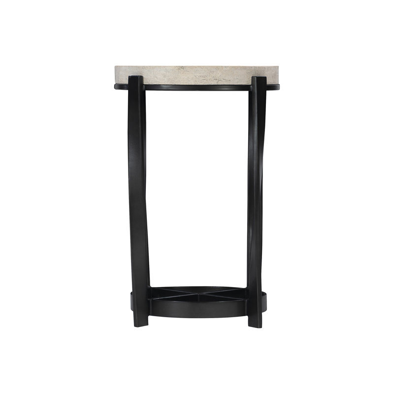 Beige and Black Round Stone Metal Accent Table