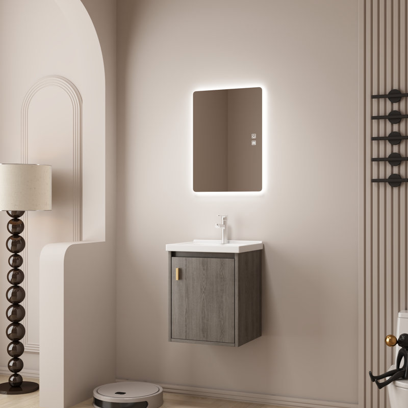 16" Small Wall Mounted Bathroom Vanity with Ceramic Sink,Soft-Close Door(GreyWalnut)