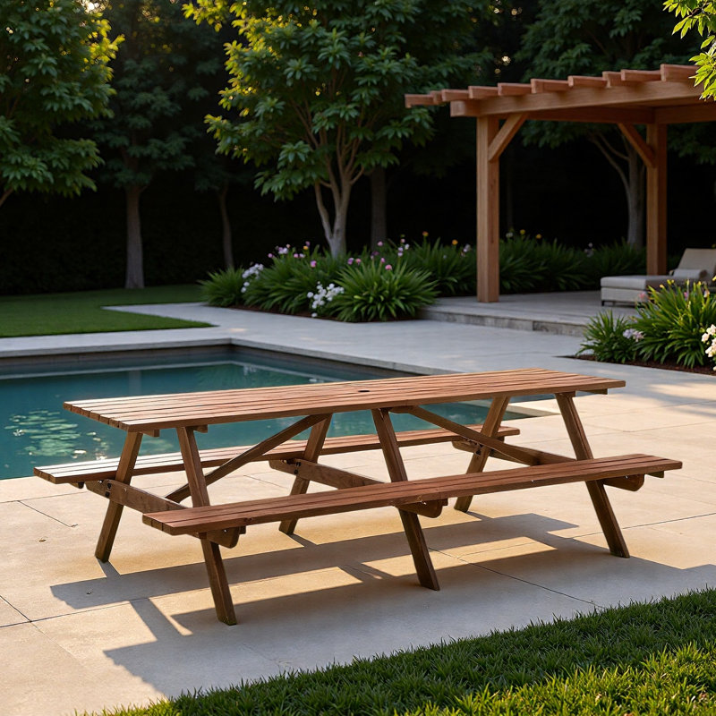 Table de patio en bois pour 12 personnes avec bancs et trou pour parasol