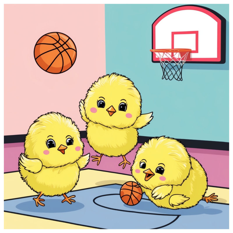 Joli adorable poussin jouant au basketball, Simple extra long