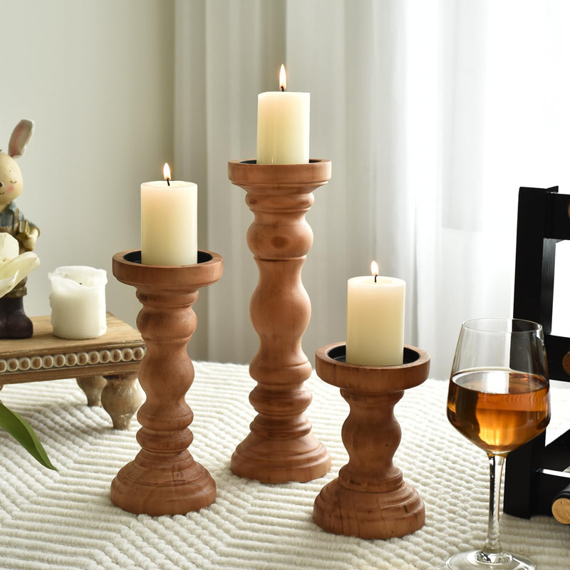 Farmhouse Wood Pillar Candle Holder Set Of 3 For Candlestick, Brown