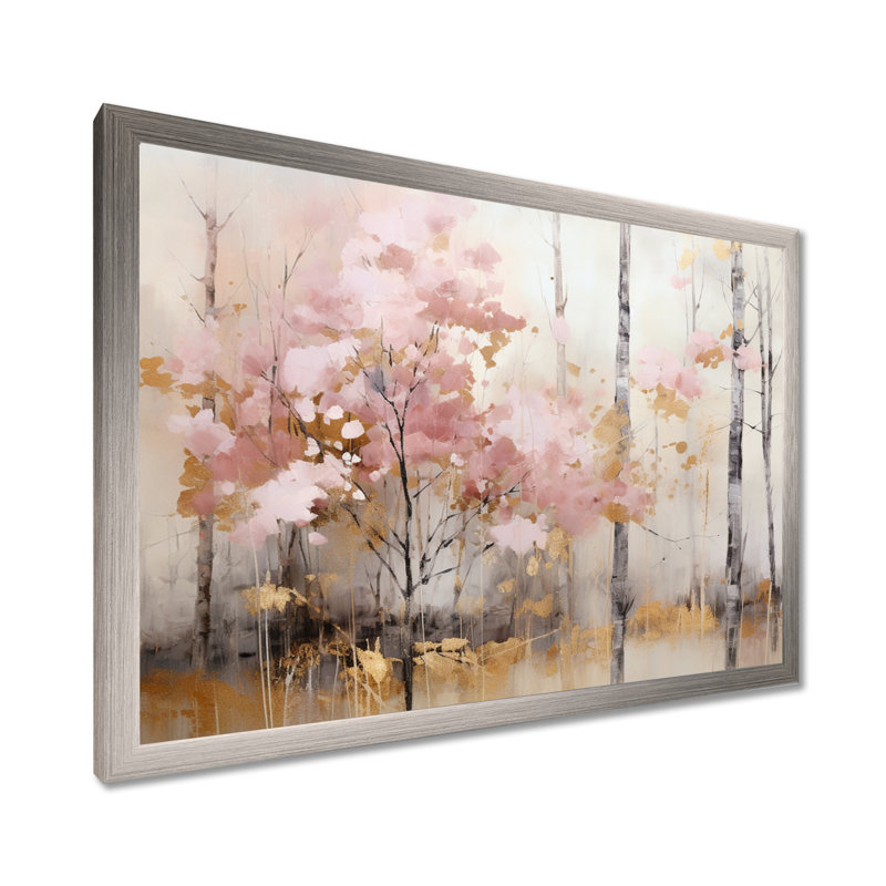 «Minimalisme rose et forêt dorée», reproduction sur toile, H 34 po x l 44 po x P 1,5 po, Cadre simple argenté