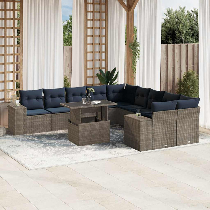 Ensemble de canapé de patio 11 pièces avec coussins en rotin de polyester, Gris, Marine