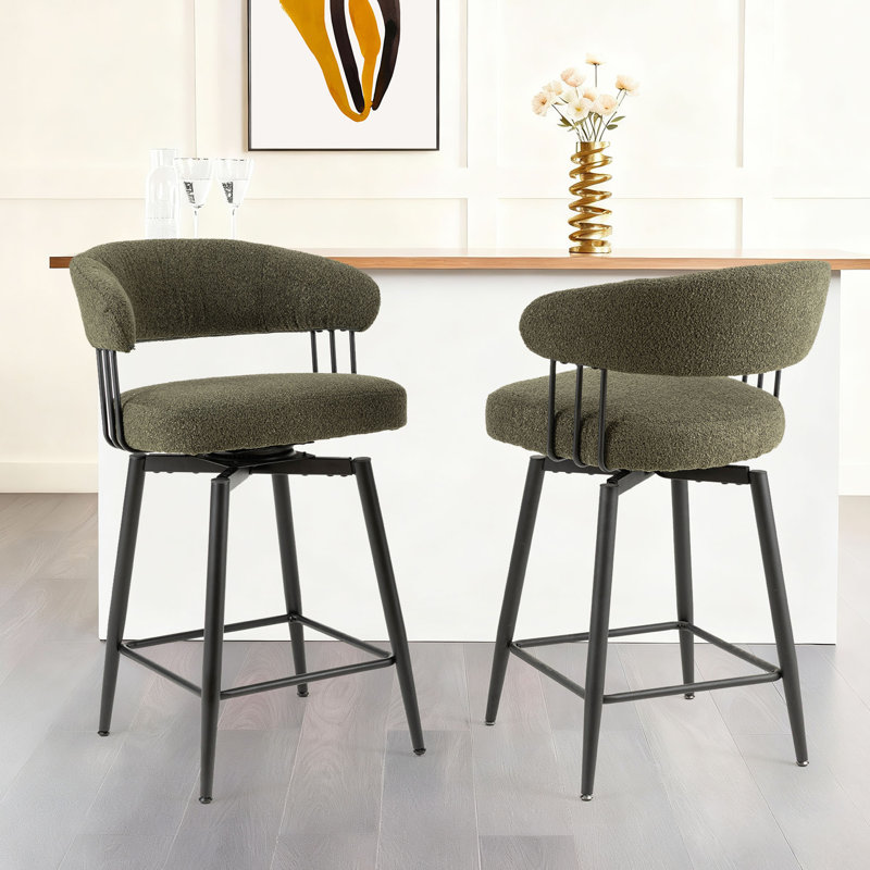Modern Upholstered Hunter Green Fabric Swivel Counter Stool with Tapered Black Metal Legs, Counter Stool (26.5" Seat Height)