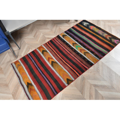 Turkish Accent Kilim With Vintage Stripes And Colorful Decorative Patterns Ideal For Kitchen Decor In Purple Color