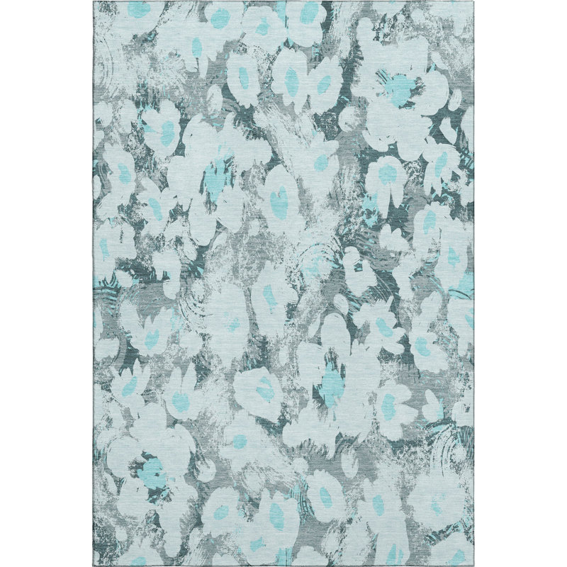 Teal Floral Synthetic 9' x 12' Washable Rectangular Rug
