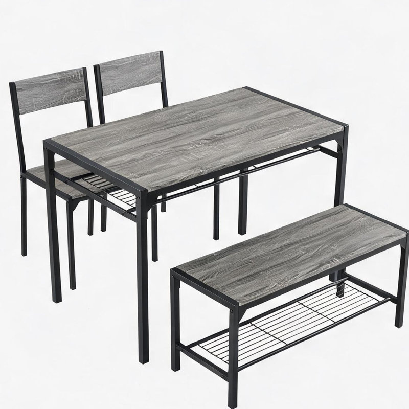 Ensemble de table et de banc de salle à manger, en bois massif gris, assorti à la cuisine et comprenant 2 chaises. Détails en bois massif.