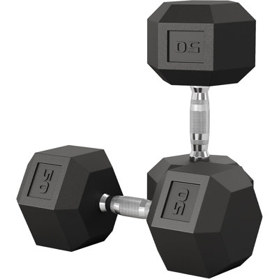 Hex Dumbbell Set of 2, 50LB Each, Rubber Coated Cast Iron, Textured Steel Handle, Black