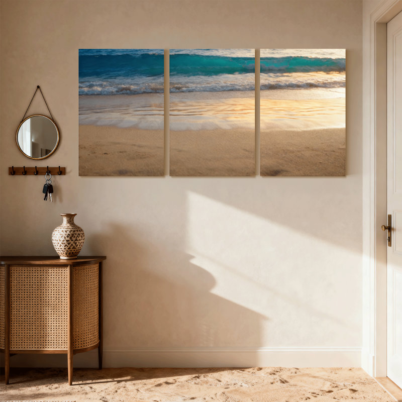Plage, coucher de soleil, océan, vagues, plage, sable, ciel, reflets, horizon, ensemble de 3 impressions sur toile