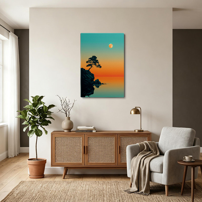 Impression d'art graphique minimaliste et moderne japonaise « Pin sur une falaise au coucher du soleil » sur toile 45,7 x 30,5 cm (18 x 12 pouces) - Décoration de salon