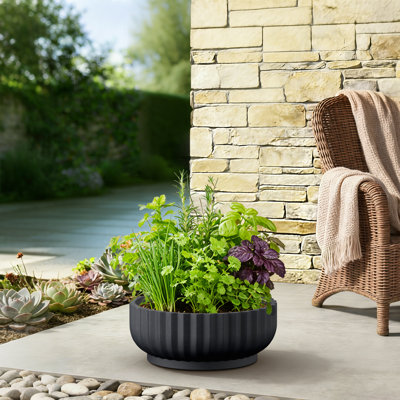 21 in. Large Matte Black(Upgraded Interior) Concrete Round Planter / Pot Ribbed Design Planter Bowl with Drainage Hole