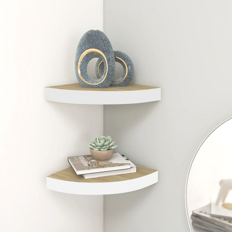 Tablette flottante triangulaire en bois massif 2 pièces Naudiya, Chêne / blanc, H 1,4 po x l 13,7 po x P 13,7 po