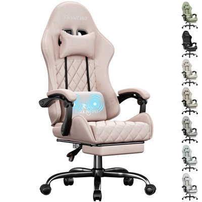 Gaming Chair, High Back Fabric Computer Chair with Pocketed Spring Cushion and Footrest, Height Adjustable Game Chair with Headrest and Massage Lumbar Support, Ergonomic Office Chair for Adults, Pink