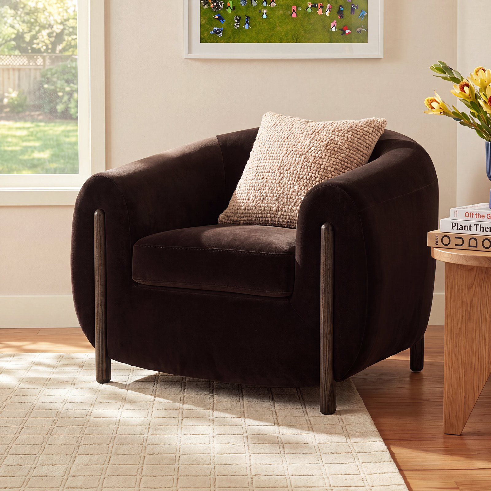 Bruno Oak Genuine Leather Barrel Chair, Surrey Cocoa Cotton Blend