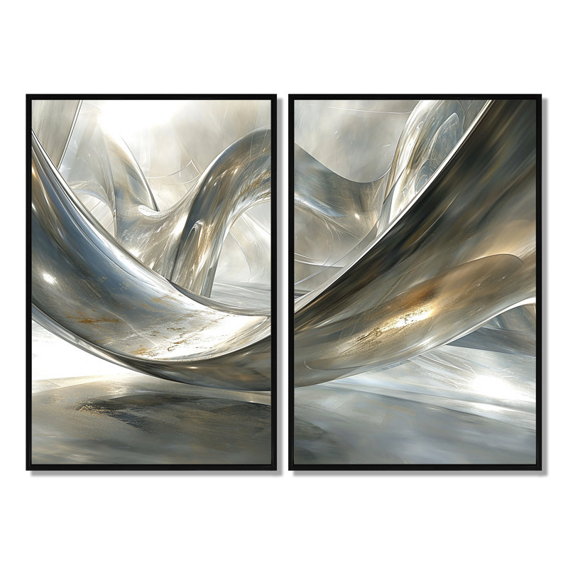 «Diamond Silver Streams - Abstract Modern Waves», art mural, Black, 36" H x 48" W, Impression encadrée flottante
