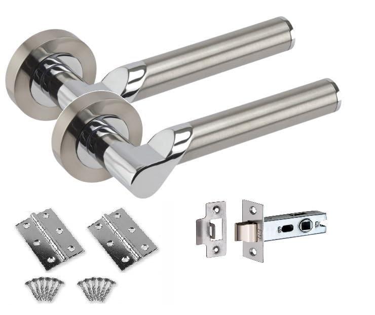 Golden Grace 5 Sets Titan Style Modern Lever Door Handles on Round Rose in Duo Finish with Hinges & 75mm Latches