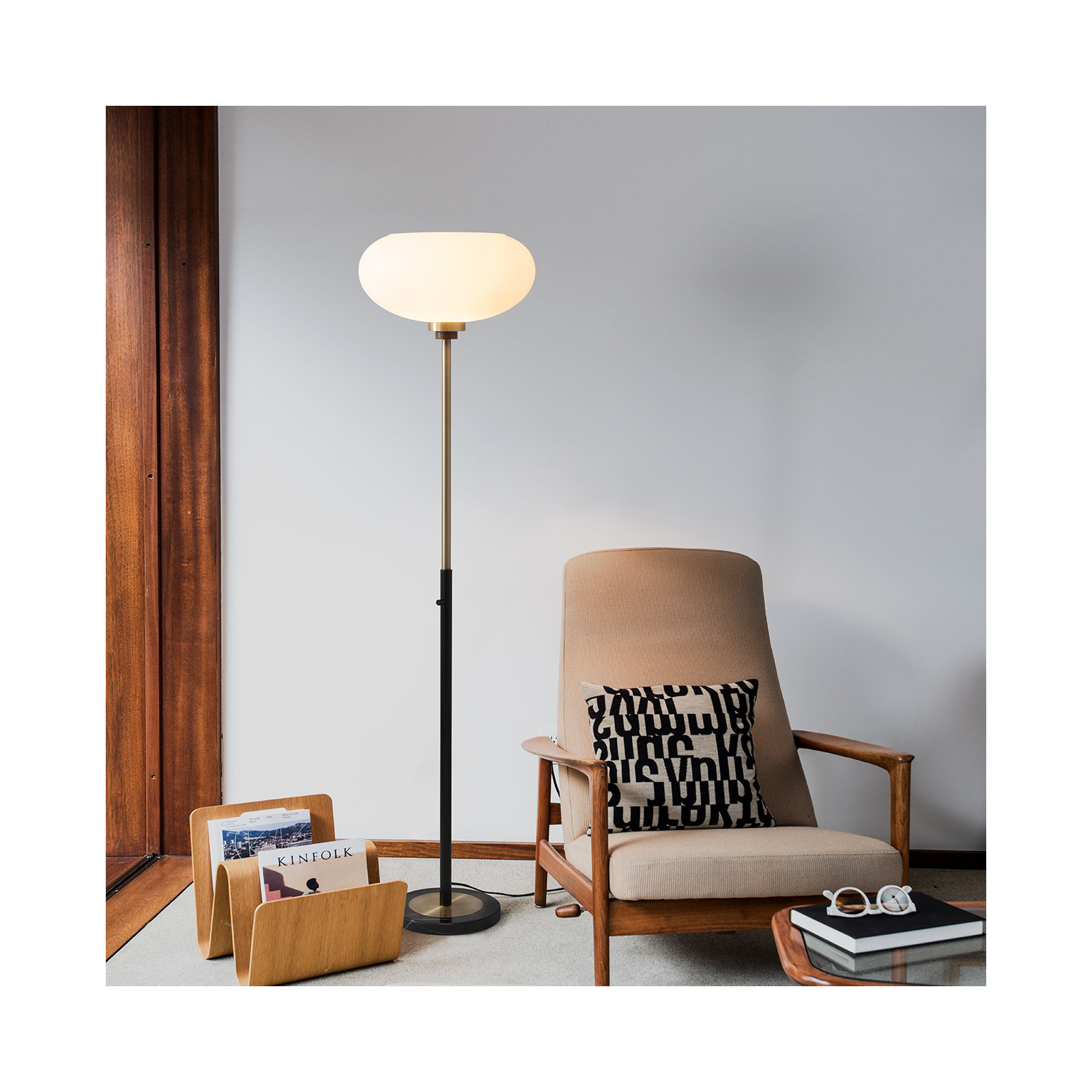 Morelli Torchiere Floor Lamp - Lucite Shade, Weathered Brass, Walnut, Marble Base, Dimmer Switch