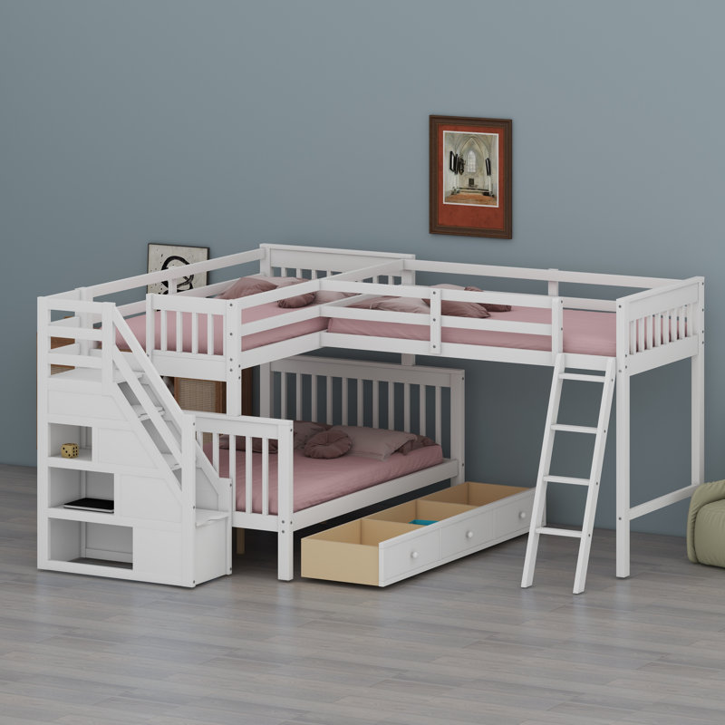 Lit superposé en forme de L peu encombrant avec tiroirs de rangement intégrés, échelle et escalier pour des aménagements de chambre polyvalents