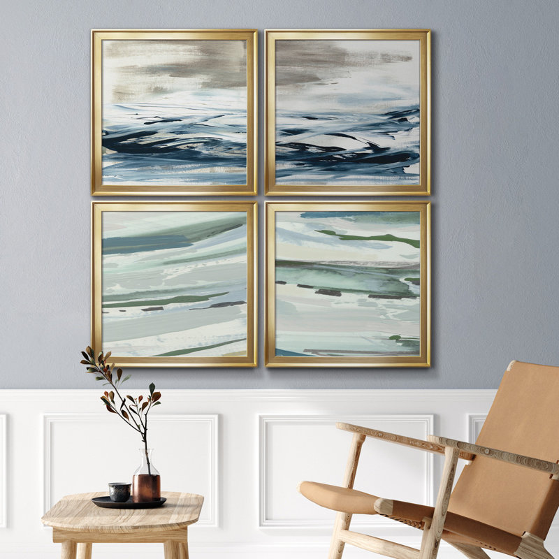 Tumultous Indigo I - ensemble de 4 reproductions d'art sur toiles, H 17,5 po x l 70 po x P 1,5 po, Cadre noir
