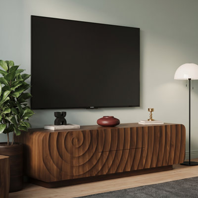 Meuble télé 58 po pour le salon, console de rangement moderne avec 2 tiroirs et portes d'armoire, meuble audio-vidéo en bois au design unique Wave, noir / blanc / noyer