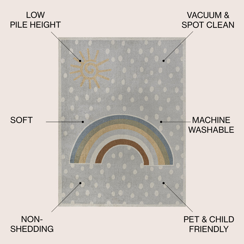 Bluette Rainbow Dot Modern Machine-Washable Gray/Ivory/Yellow Rug, Rectangle 3'3" x 4'11"