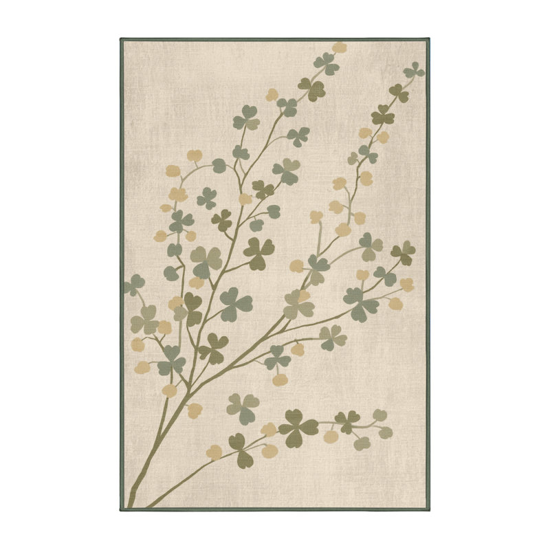 Tapis abstrait moderne et contemporain délavé à la machine St Patties en beige - reliure vert sauge, 5 x 7