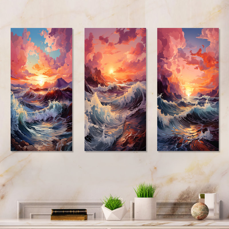 «Horizon S Embrace Photorealistic Sunset I», ensemble de 3 reproductions d'art mural, Toile tendue, H 28 po x l 36 po