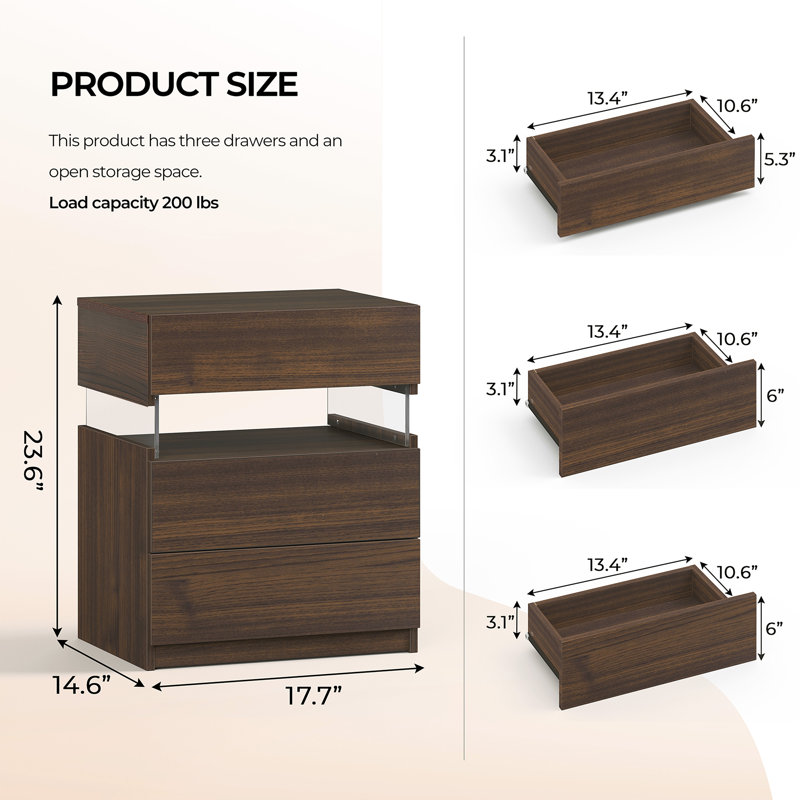 Nightstands set of 2 LED Night Stand, Walnut