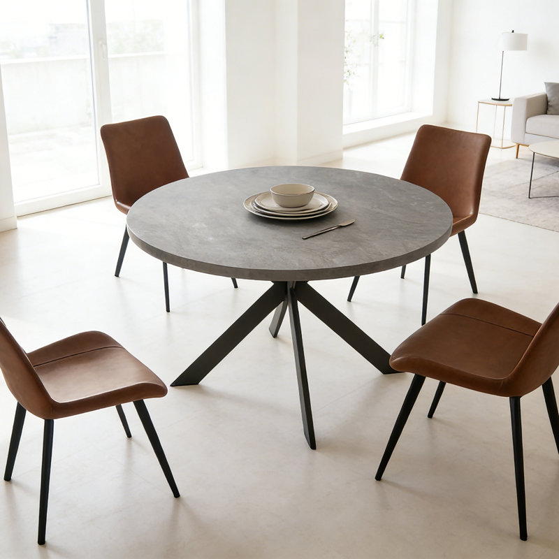 46"L Round Modern Kitchen Dining Table Set with 32.4"H Dining Chair, Brown, 5 Pieces: Table, 4 Chairs