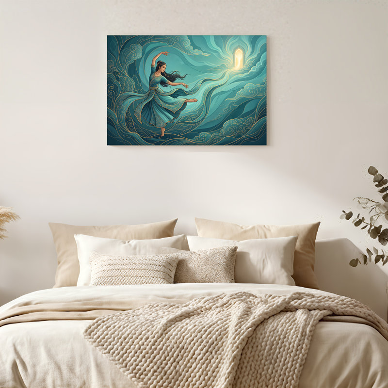 «Dancing Woman in Teal Gown Near Glowing Archway», art mural sur toile, H 18 po x l 24 po