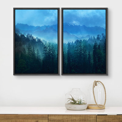 «Deep Blue Mountain Range Misty Forest Nature Rustic Landscape», impression sur toile, 2 pièces