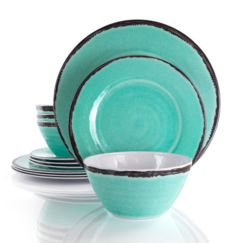Turquoise Crackle Melamine 12-Piece Outdoor Dinnerware Set