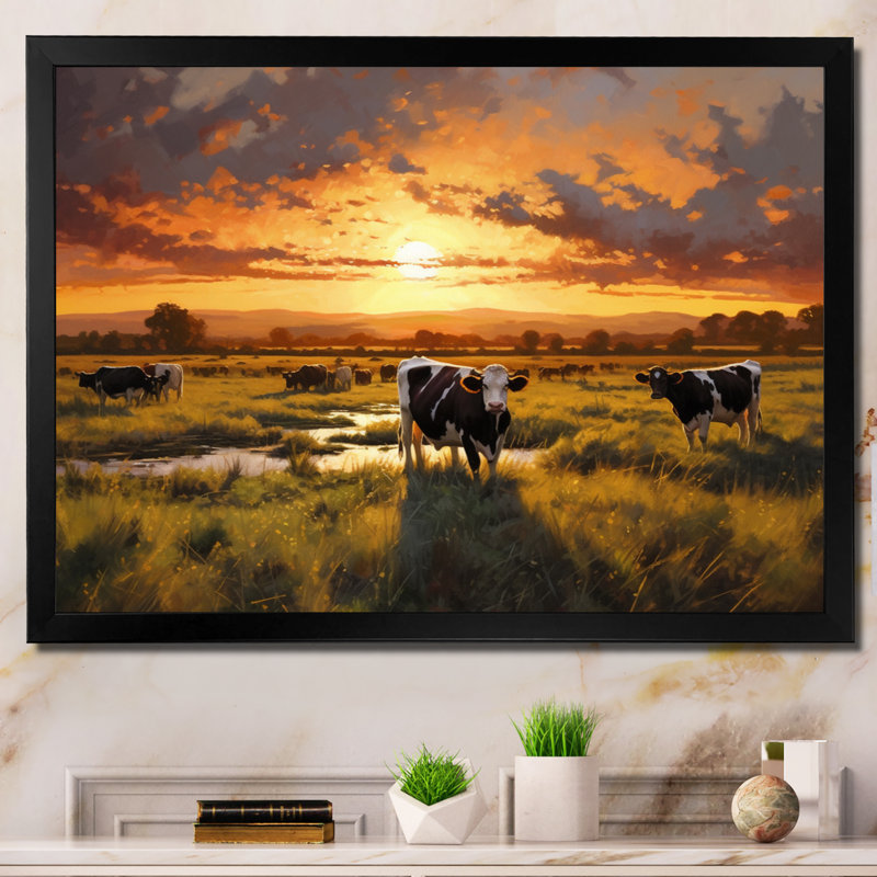 Ahuli " Cows At Farm Landscape I ", Black Single Picture Framed, 34" H x 44" W x 1.5" D