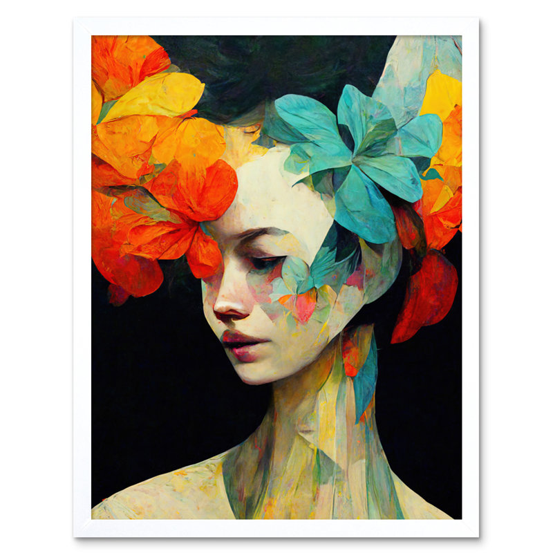 Floral Feminine Portrait Abstract Style - Print, White Framed Paper, 25.9cm H x 20.6cm W