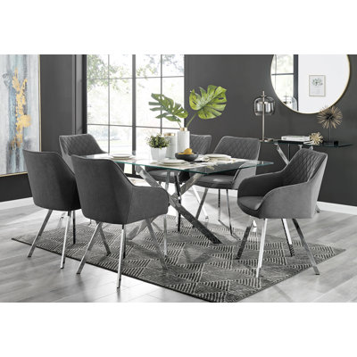 Lenworth Chrome and Glass Rectangular Dining Table Set with 6 Luxury Upholstered Fabric Chairs