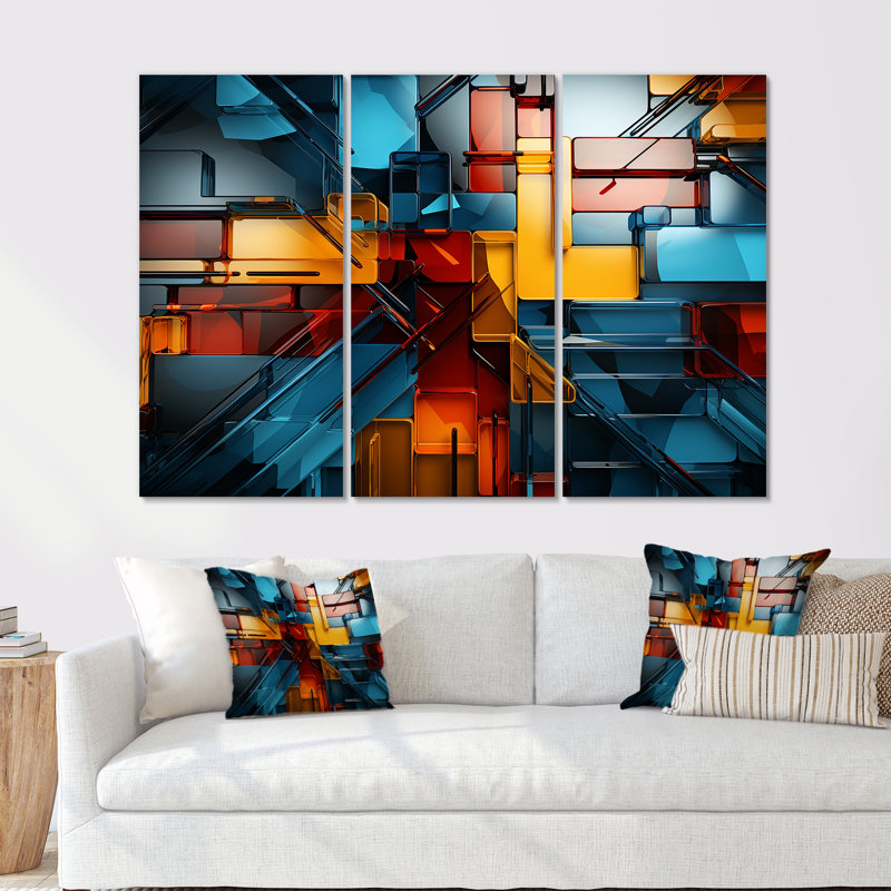 «Cubism Vivid Collage I» - ensemble d'art mural cubisme, H 28 po x l 36 po x P 1 po, Toile tendue