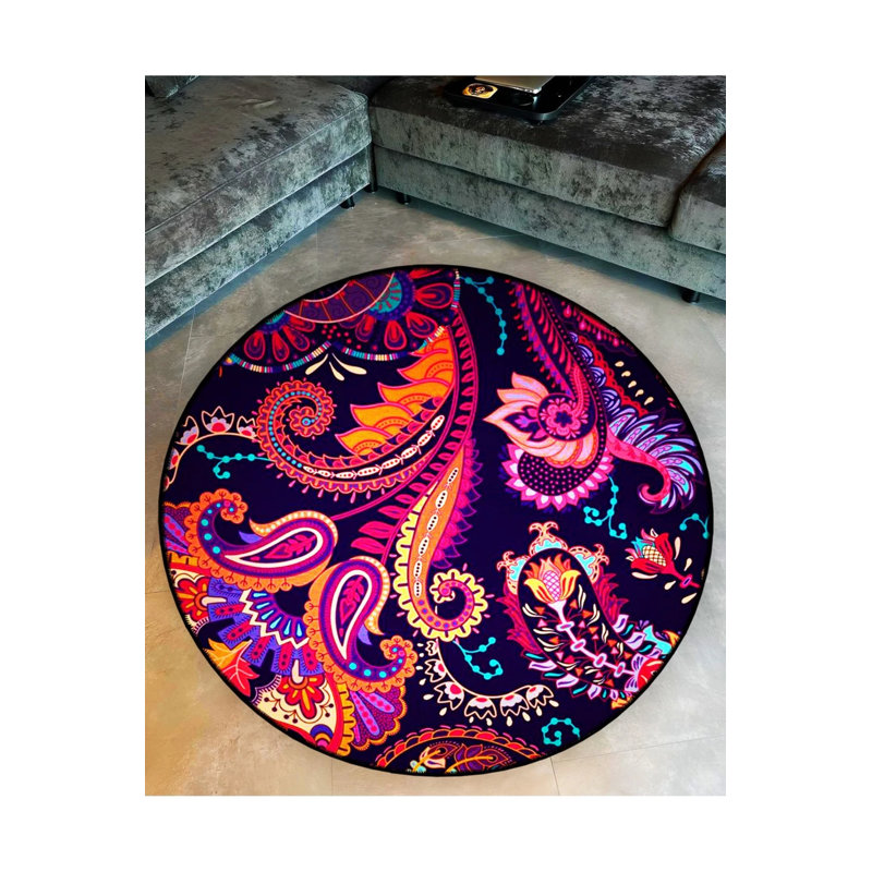 Pink Purple Ethnic Patterned Woven Base Decorative Carpet, Round 4'