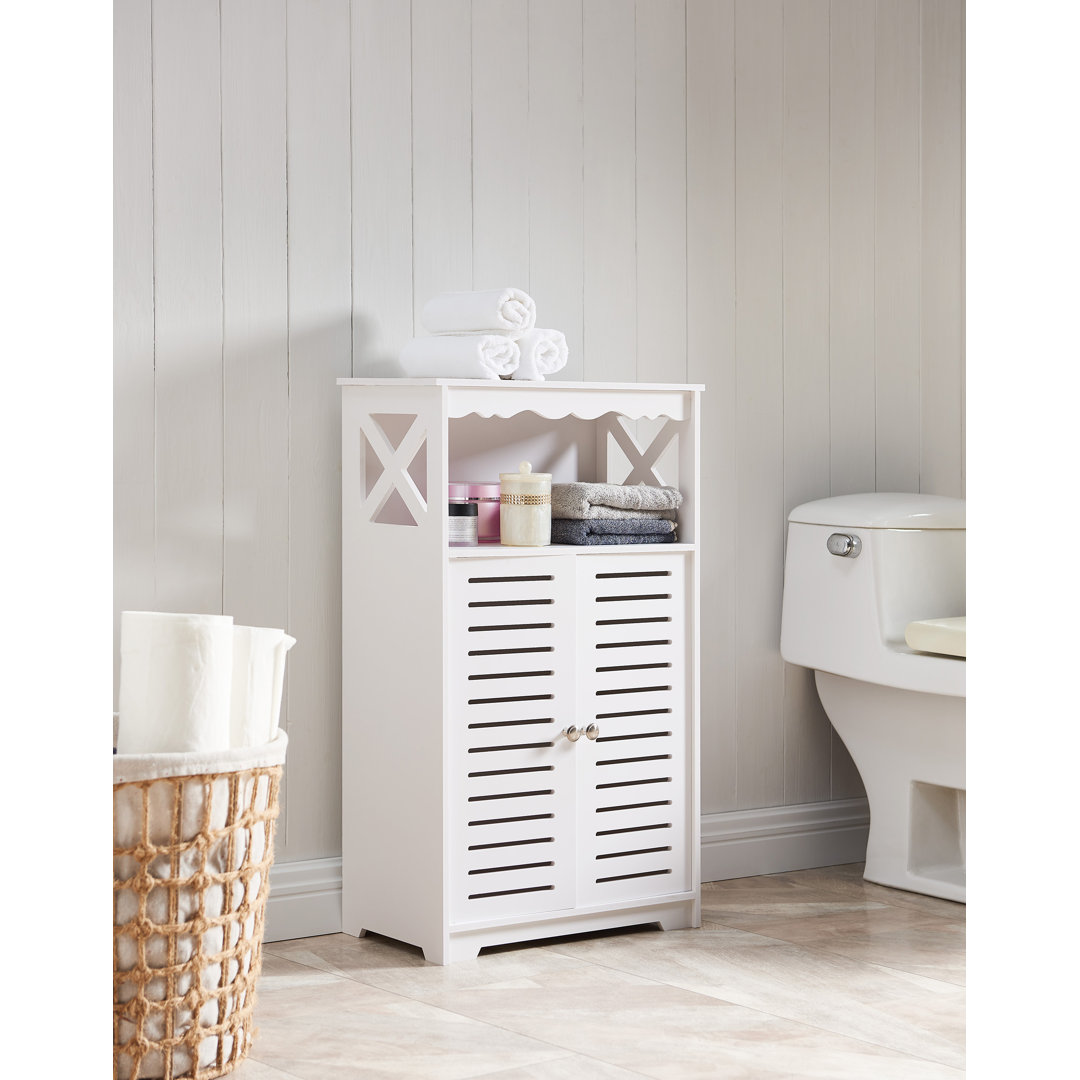 Carol Wood Bathroom Floor Storage Cabinet with Enclosed Lower Compartment and Open Shelf for Towels Toilet Paper and Bath Essentials in Crisp White Finish Freestanding Organizer for Compact Bathrooms InRoom Designs