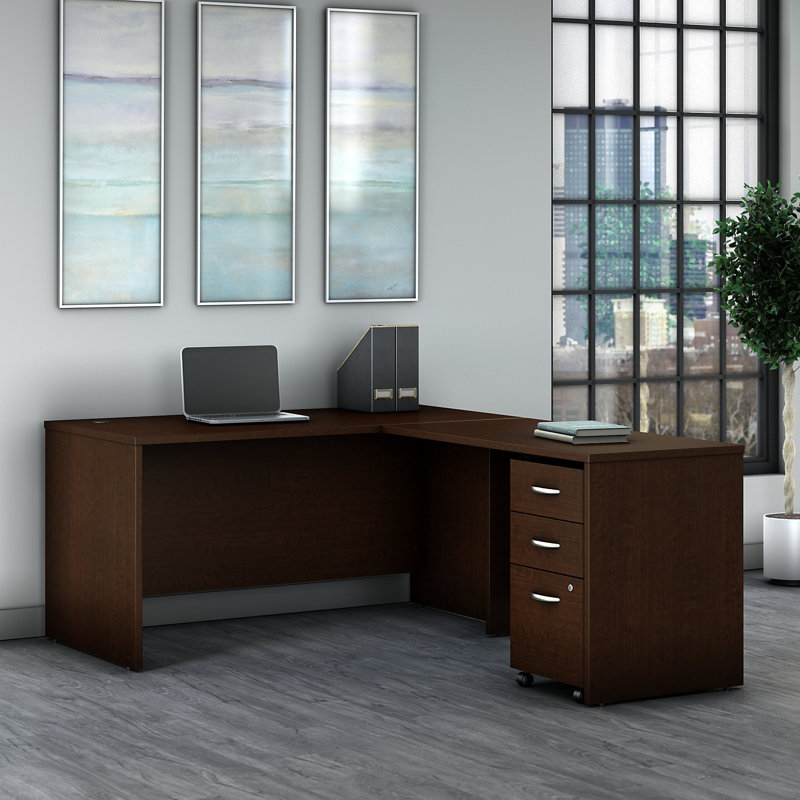 Series C 60W L Shaped Desk with 3 Drawer Mobile File Cabinet, Mocha Cherry