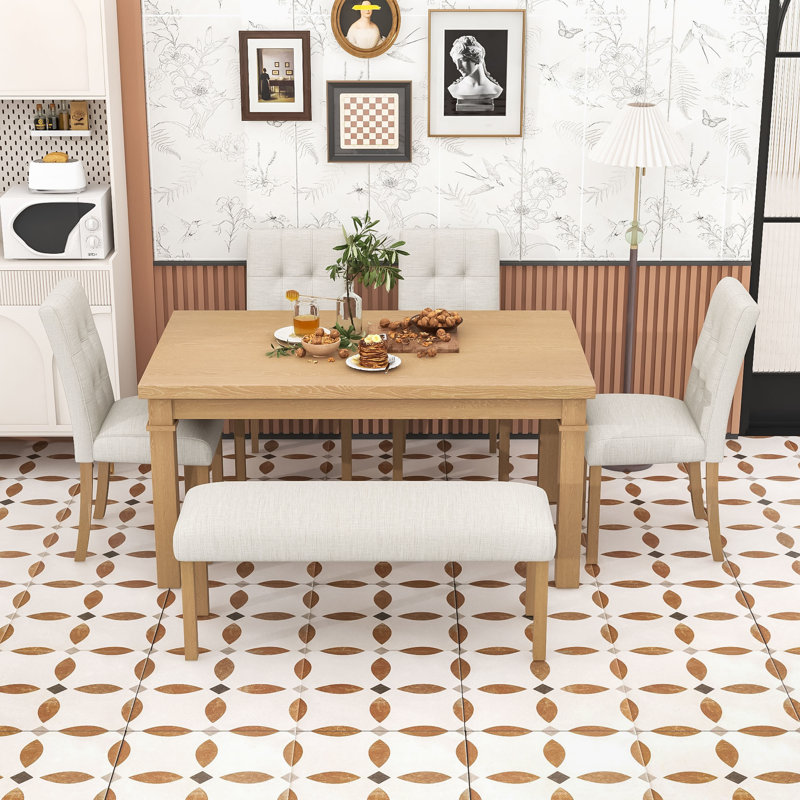 Modern 6-Piece Dining Table Set – Rectangular Table, Upholstered Chairs, and Bench, Natural